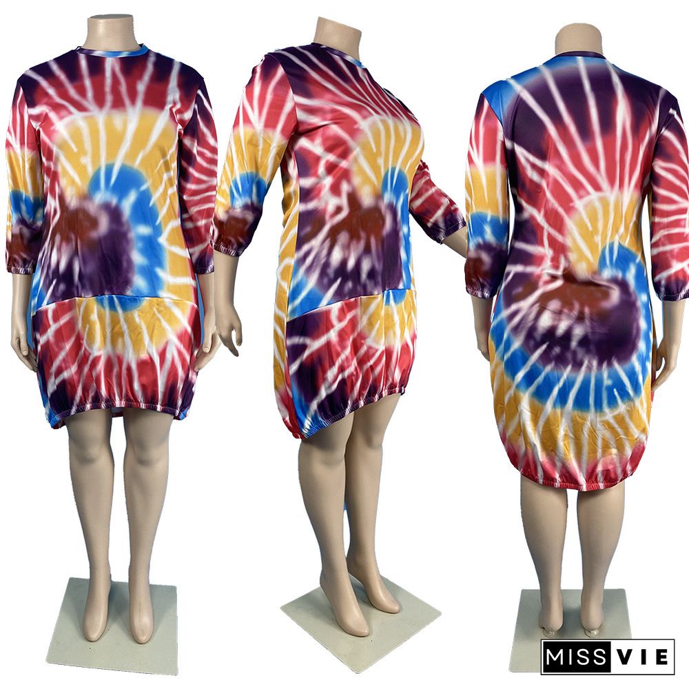 Tie Dye Plus Size Women Clothing Three-Quarter Sleeve O Neck Oversized Loose T Shirt Midi Dresses