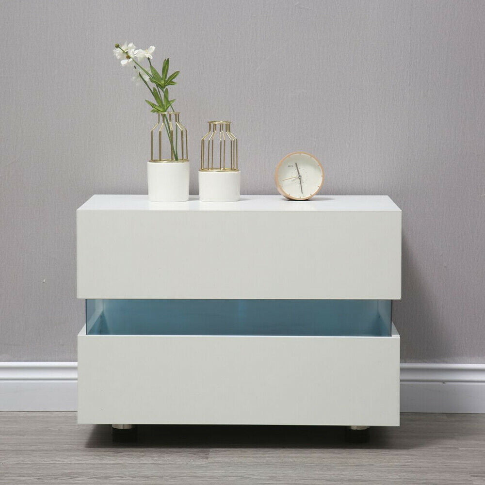 Oukaning White Bedside End Table Nightstand 2 Drawers w/ Multi-Colour LED Backlight