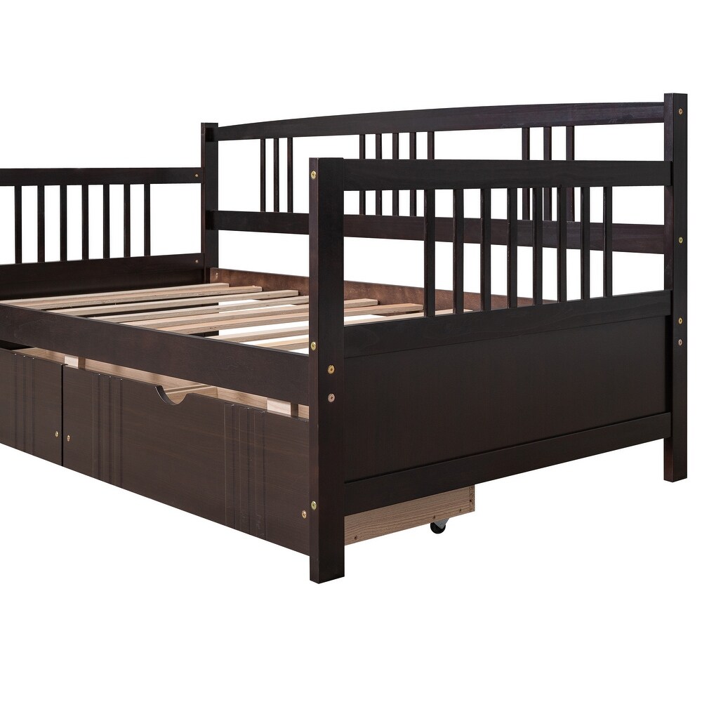 Twin Size Wood Daybed with 2 Storage Drawers and 3 Side Guardrail  Wood Kid's Bed with Wood Slats for Bedroom