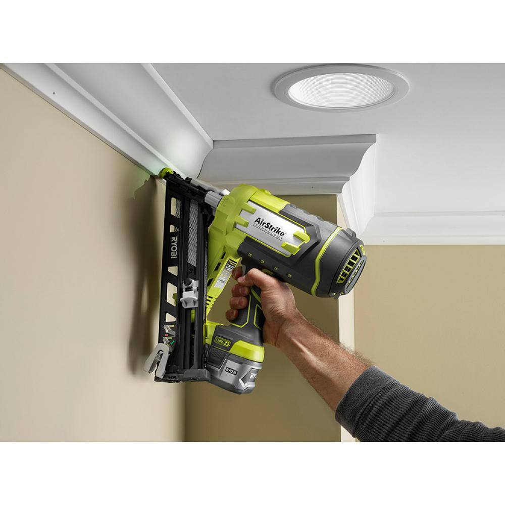 RYOBI ONE+ 18V Lithium-Ion Cordless AirStrike 15-Gauge Angled Finish Nailer (Tool Only) with Sample Nails P330