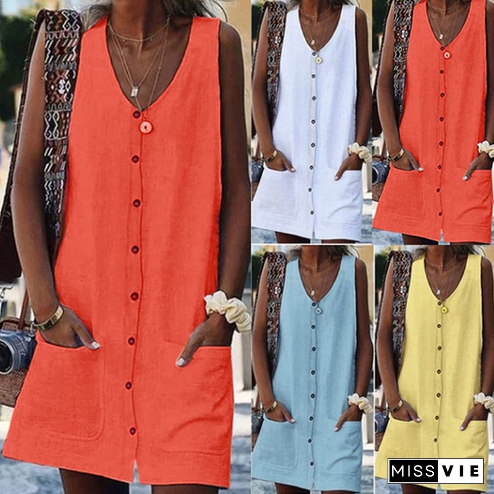 Women Summer Sleeveless Pure Color Loose Casual Button Pocket Vest Dress