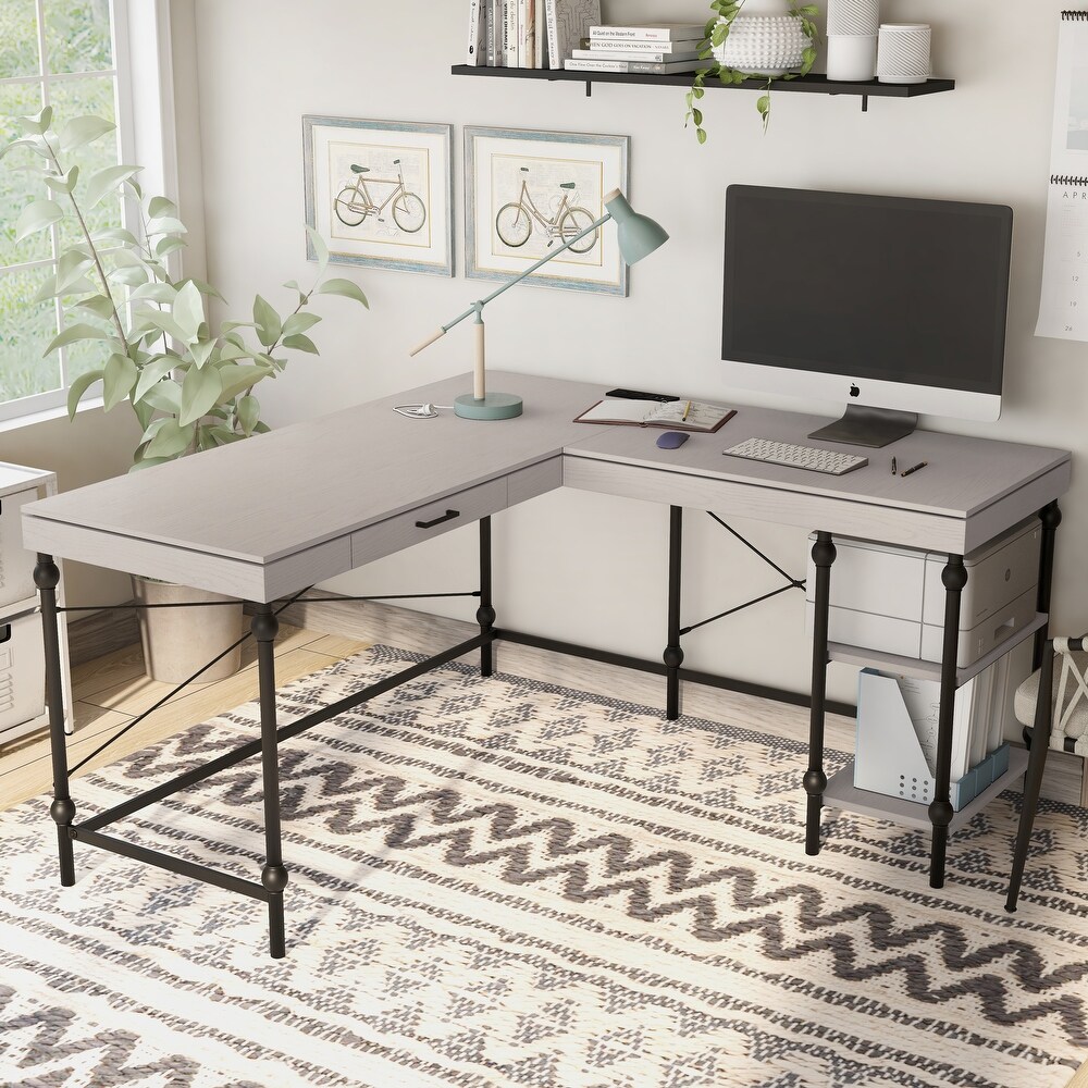 Haley Farmhouse 59 inch Metal L Shaped Computer Desk with USBs by Furniture of America