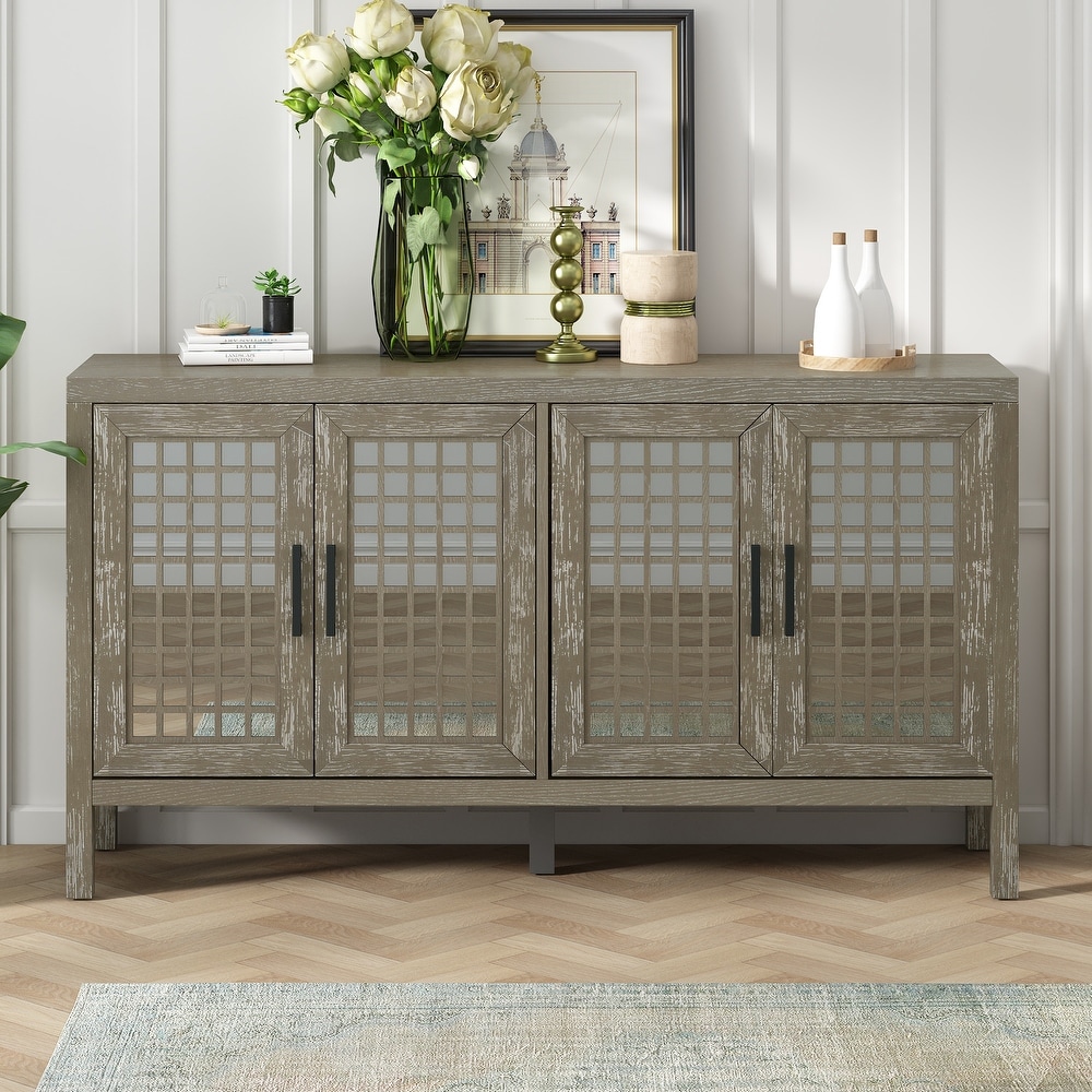 Retro Mirrored Sideboard with Closed Grain Pattern for Dining Room