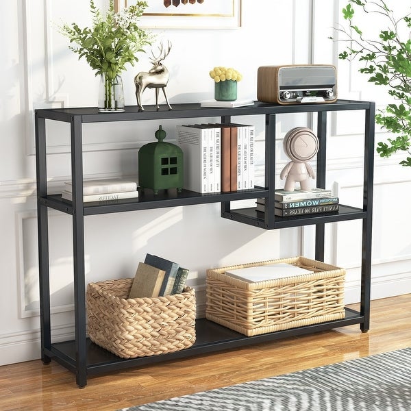 Console Table， 43 Inch Small Black Entryway table with Storage Shelves