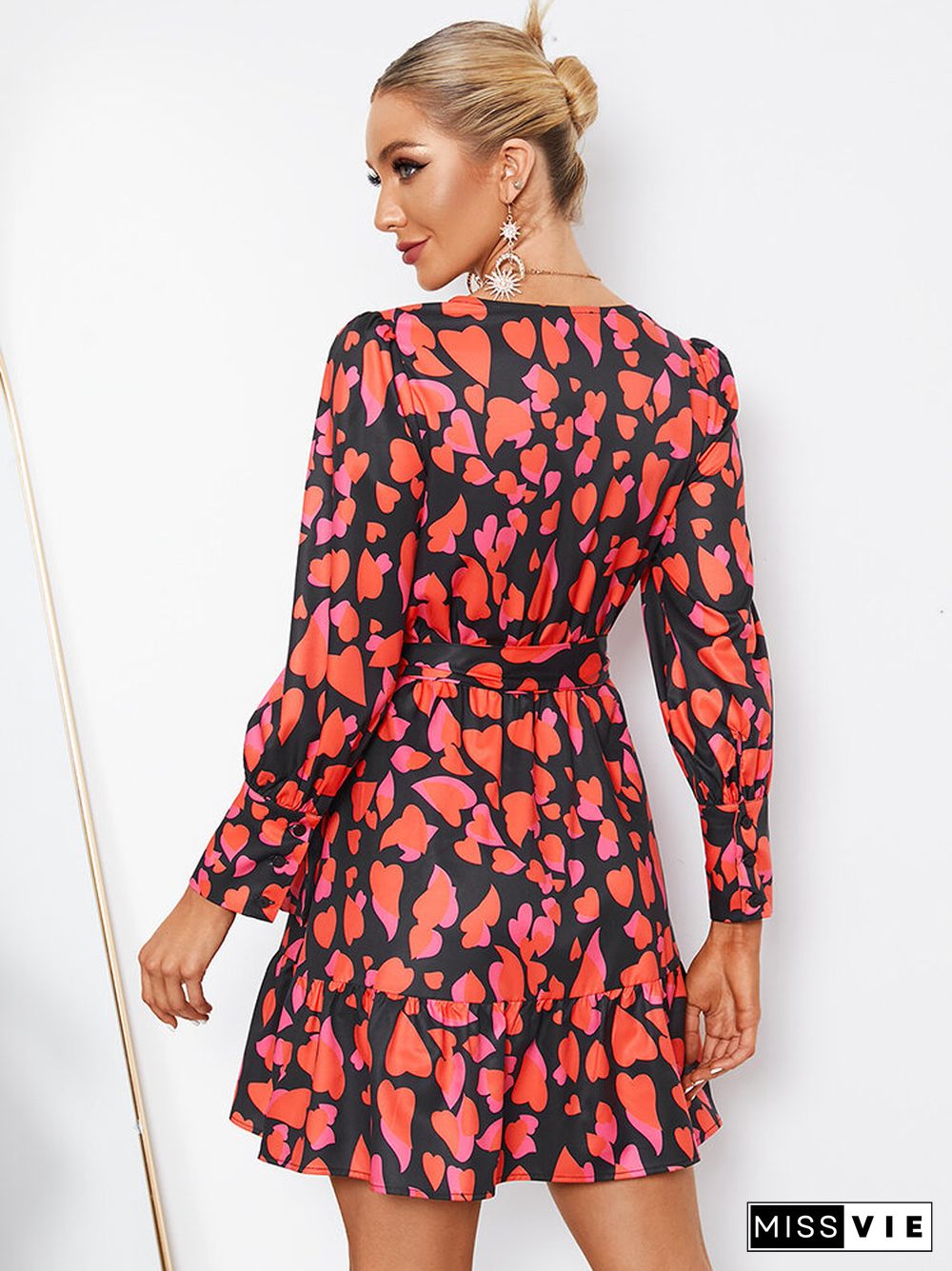 Heart Print Belt Cross Wrap V-neck Long Sleeve Dress