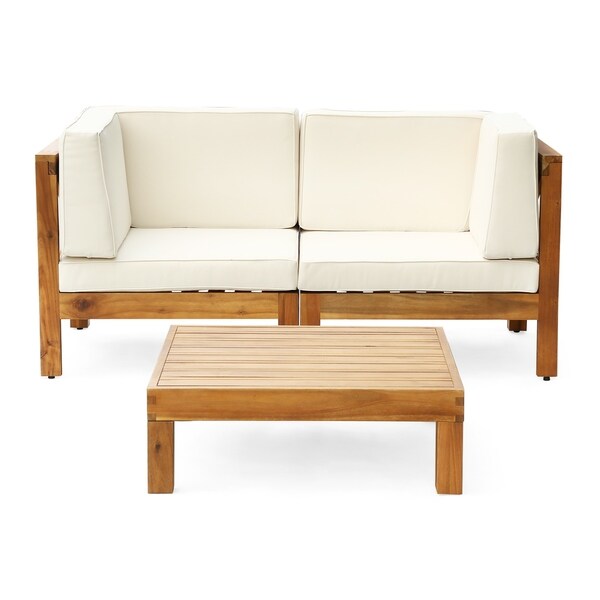 Oana Outdoor 2Seater Acacia Wood Sectional Loveseat and Coffee Table Set with Cushions by Christopher Knight Home