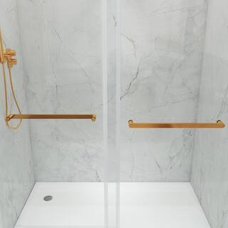 MCOCOD 60 in. W x 72 in. H Double Sliding Frameless Shower Door in Brushed Gold with Soft-Closing and 38 in. (10 mm) Glass DS13-60x72-BG