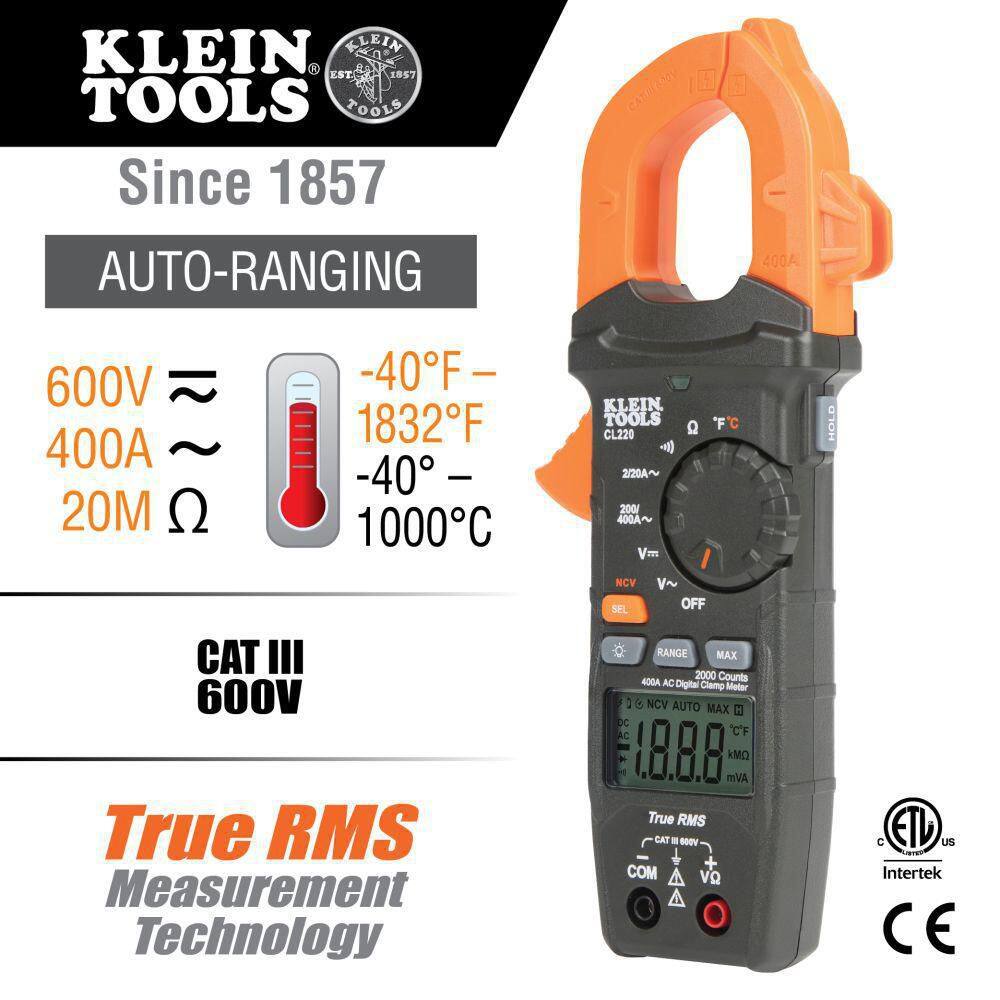 Klein Tools 400 Amp Digital Clamp Meter AC Auto-Ranging with Temp CL220