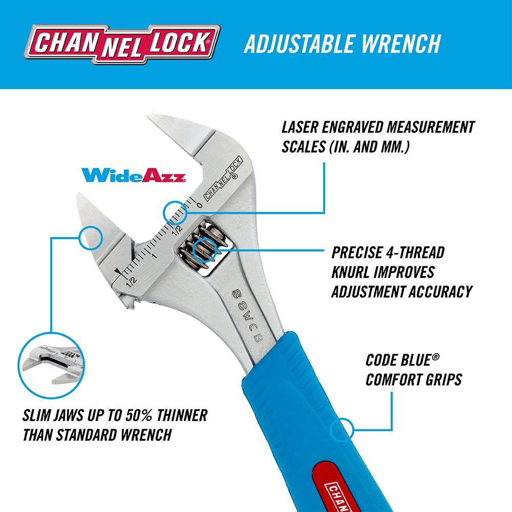 Channellock Slim Jaw WideAzz 8 in. Adjustable Wrench with Code Blue Comfort Grip 8SWCB