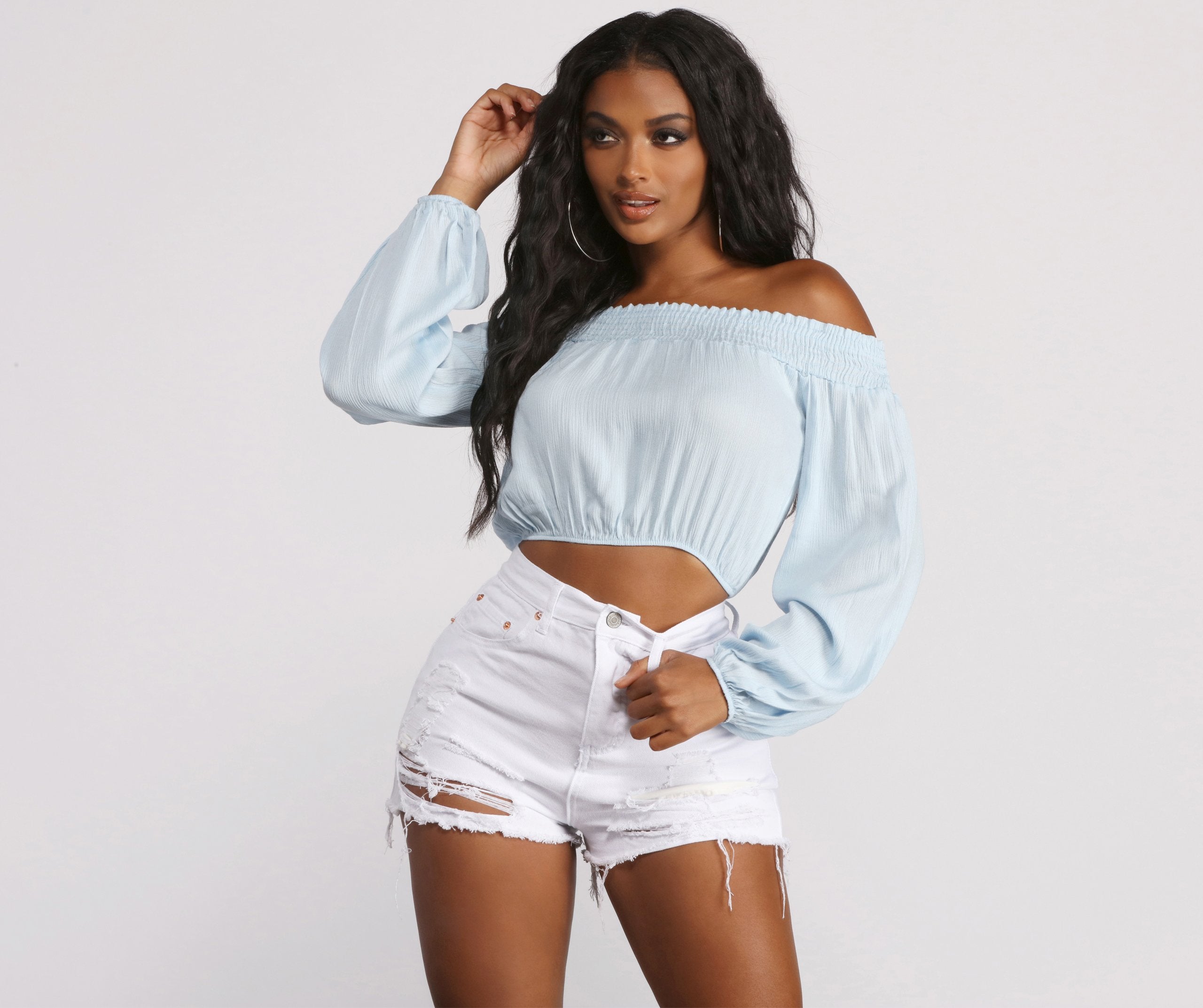 Off The Shoulder Long Sleeve Gauze Crop Top