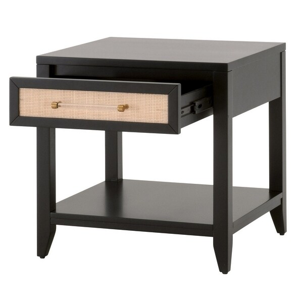 24 Inch Wood Side Table with Rattan Front Drawer， Bottom Shelf， Black