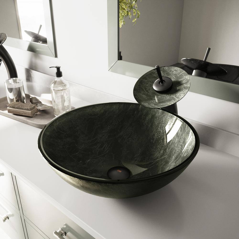 VIGO Giovanni Onyx Gray Glass 17 in. L x 17 in. W x 6 in. H Round Vessel Bathroom Sink VG07051