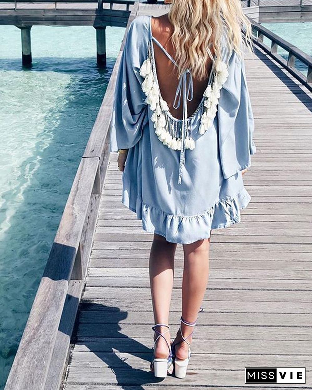 Sexy Open Back Fringe Long Sleeve Loose Beach Dress