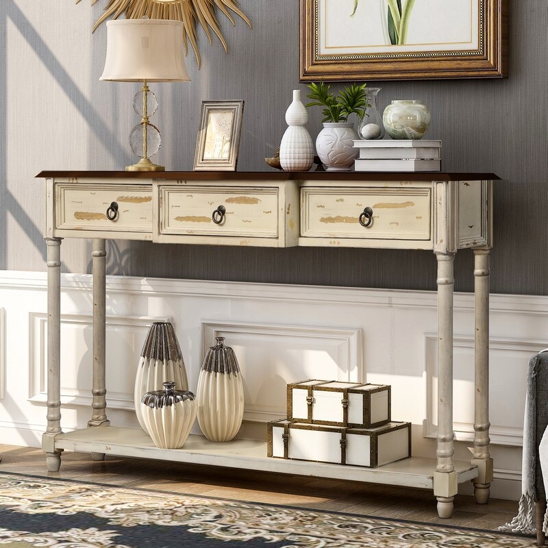 Rustic Solid Wood Console Table with Projecting Drawers and Long Shelf