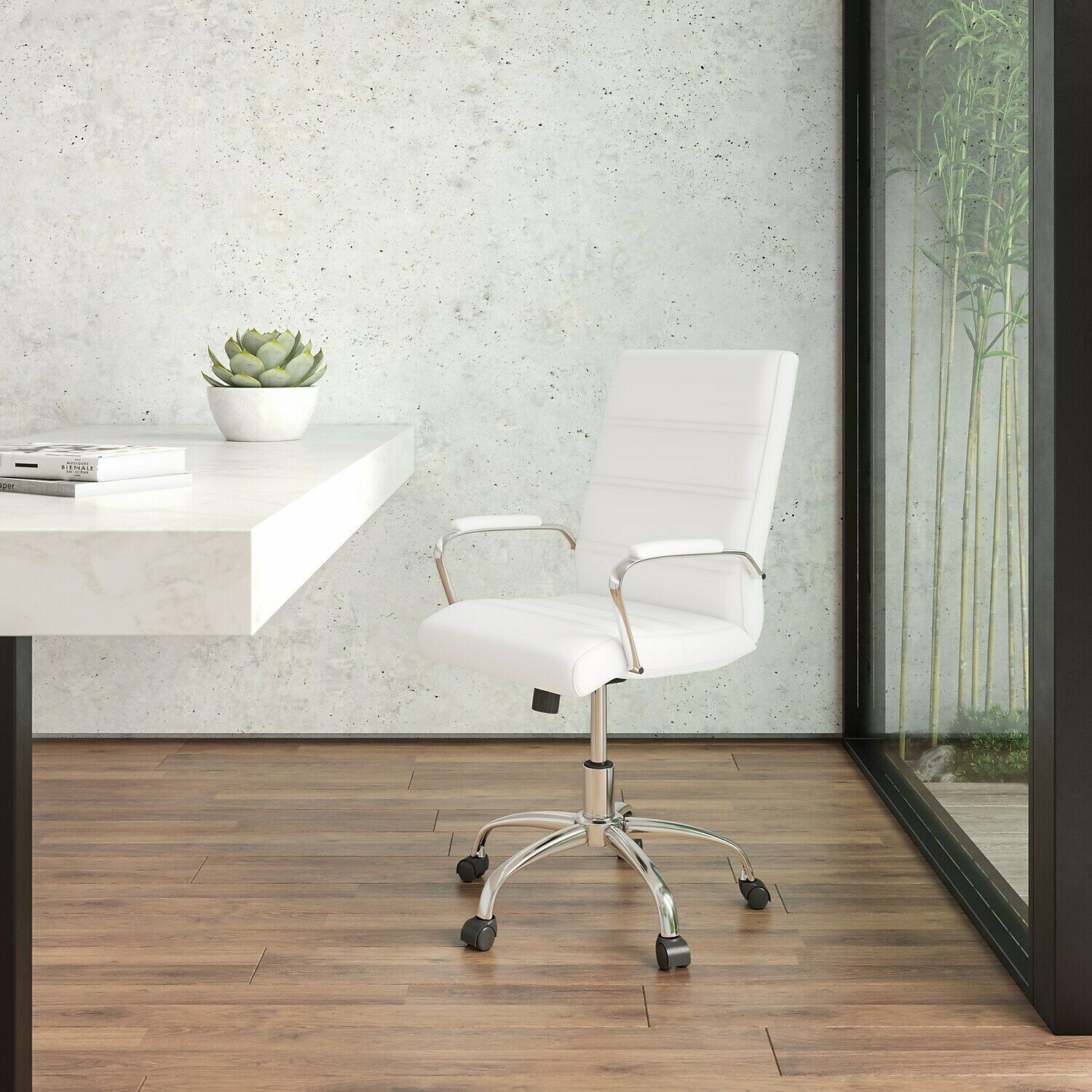 Flash Furniture GO2286MWH Mid-Back Desk Chair - White LeatherSoft Executive Swivel Office Chair with Chrome Frame - Swivel Arm Chair