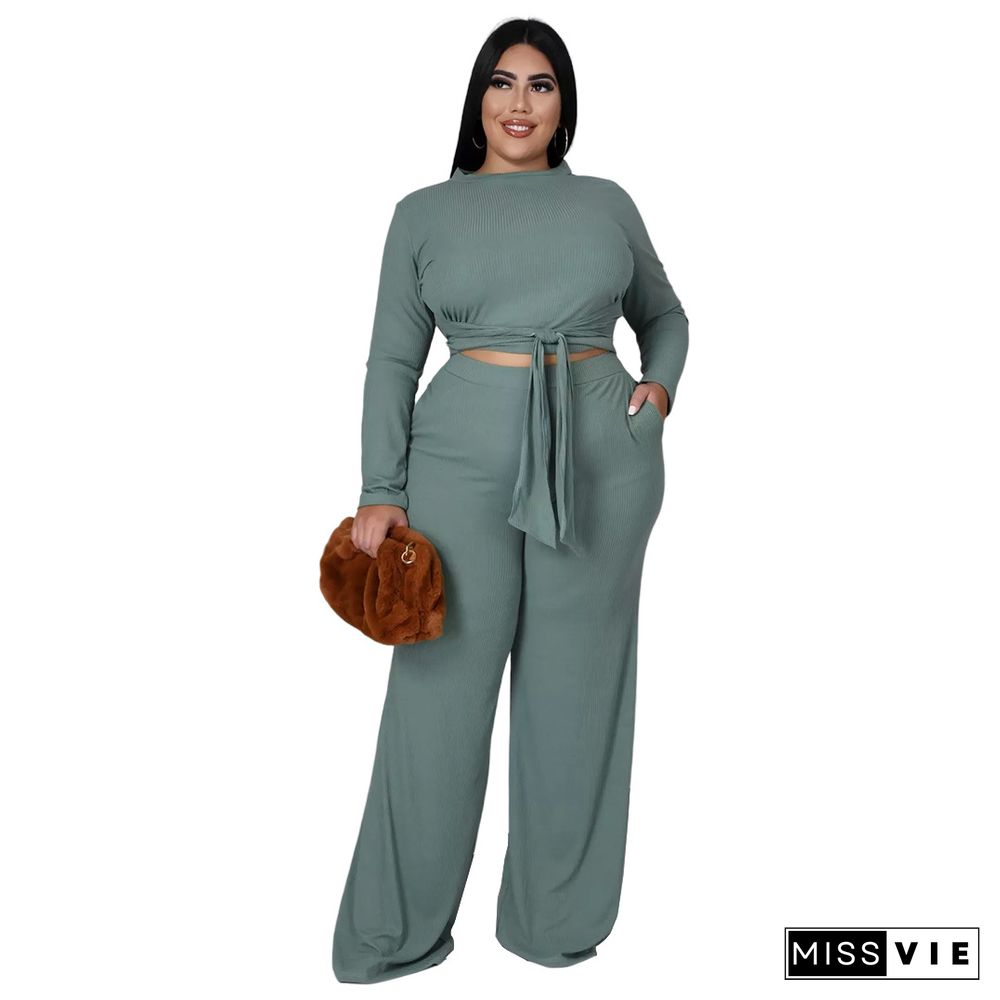 Knitted Bandage T Shirt Wide Leg Pants Plus Size Set