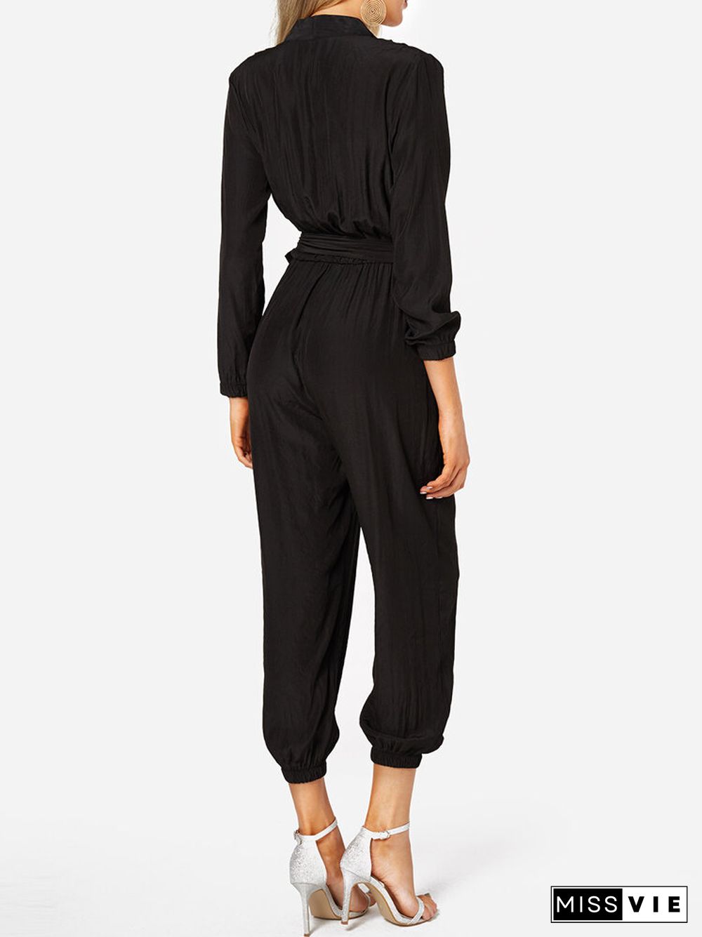 Solid Color Knotted Waistband Long Sleeve Casual Jumpsuit for Women