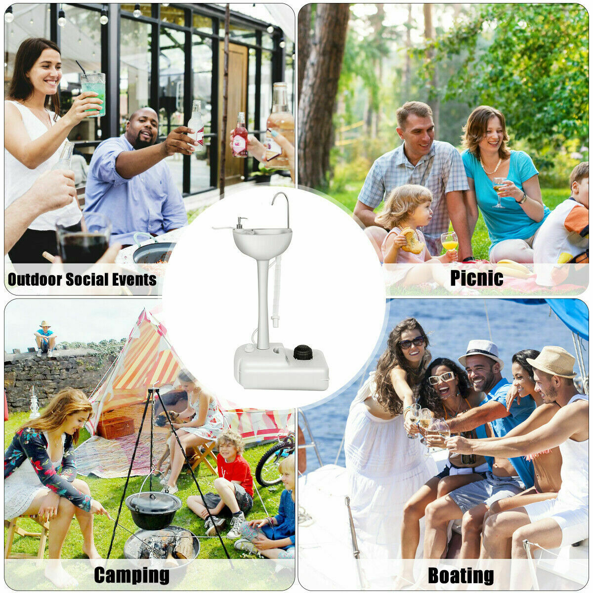 Portable Camping Sink with Towel Holder Soap Dispenser Hand Wash Basin Stand with Rolling Wheels for Outdoor Events, Gatherings