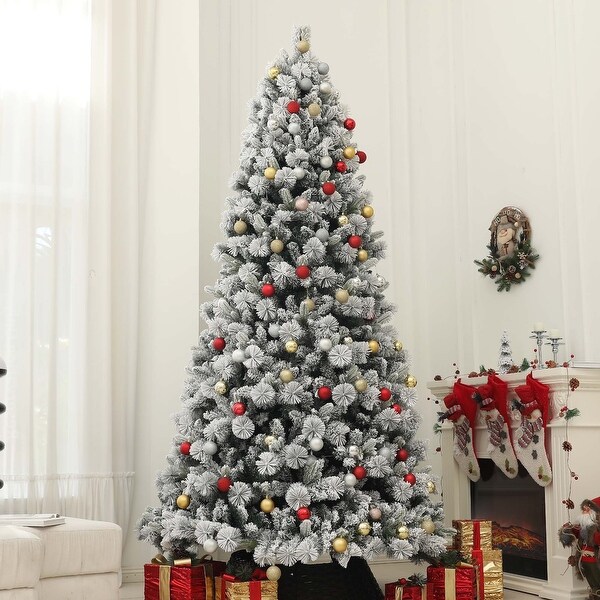 HOMCOM 6.5 ft PreLit Artificial Christmas Tree with 350 Clear Lights and 1107 Tips，Snow Flocked Christmas Tree