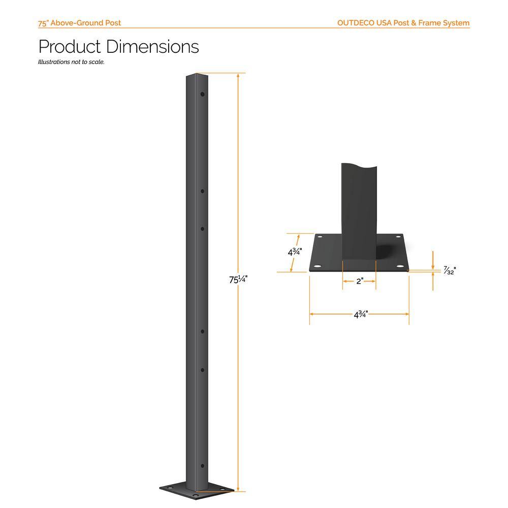 OUTDECO 75 in. x 2 in. x 2in. Black Galvanized Steel Fence Post and Welded Base Plate (Privacy Panels and Slat Fence Installs) ODP75