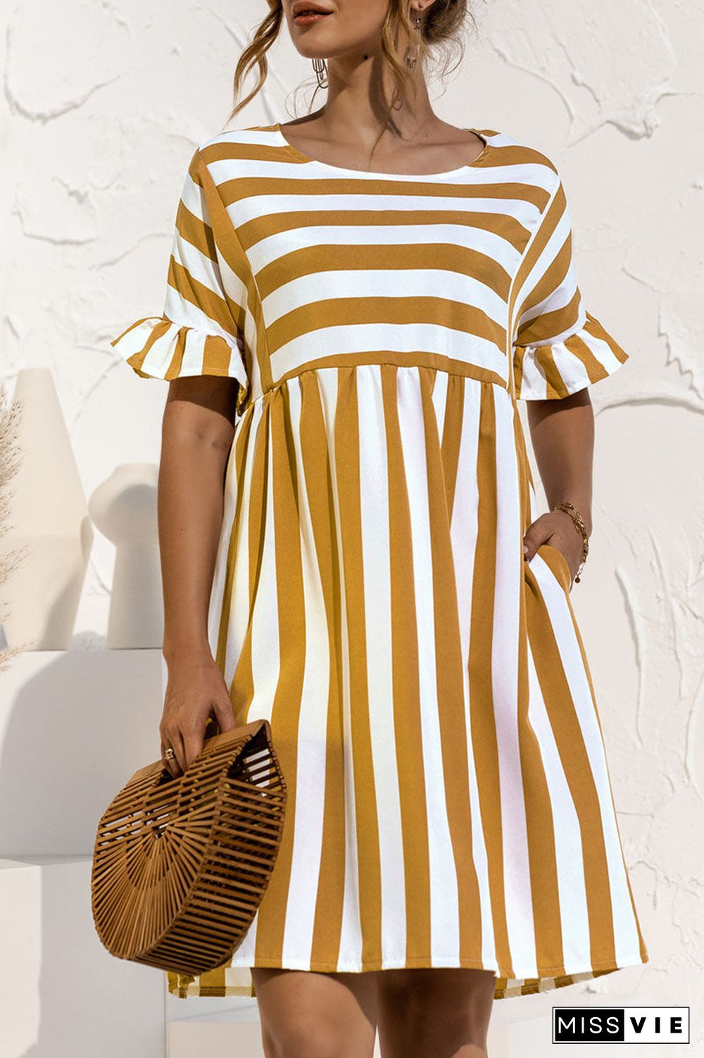 Fashion Casual Striped Split Joint O Neck A Line Dresses