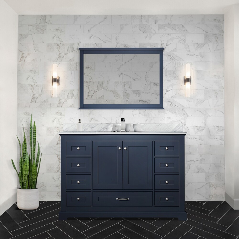 Dukes 48 in. W x 22 in. D Navy Blue Single Bath Vanity  Carrara Marble Top  Faucet Set  and 46 in. Mirror