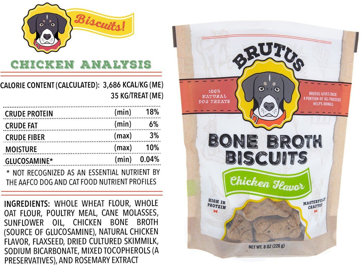 Brutus Broth Bone Broth Biscuits Chicken Flavor Dog Treats， 8-oz bag