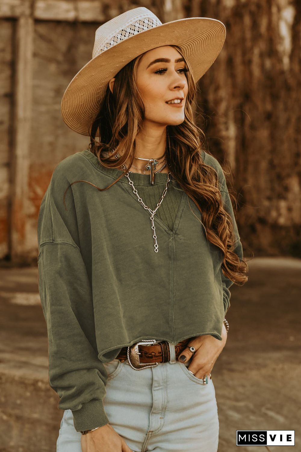 Green Drop Shoulder Cropped Sweatshirt