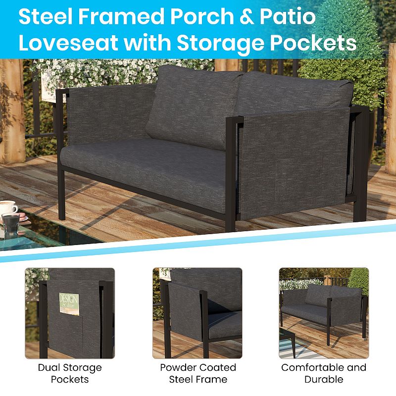 Merrick Lane Cape Cod Outdoor Love Seat/Sofa With Removable Charcoal Fabric Cushions And Black Steel Frame