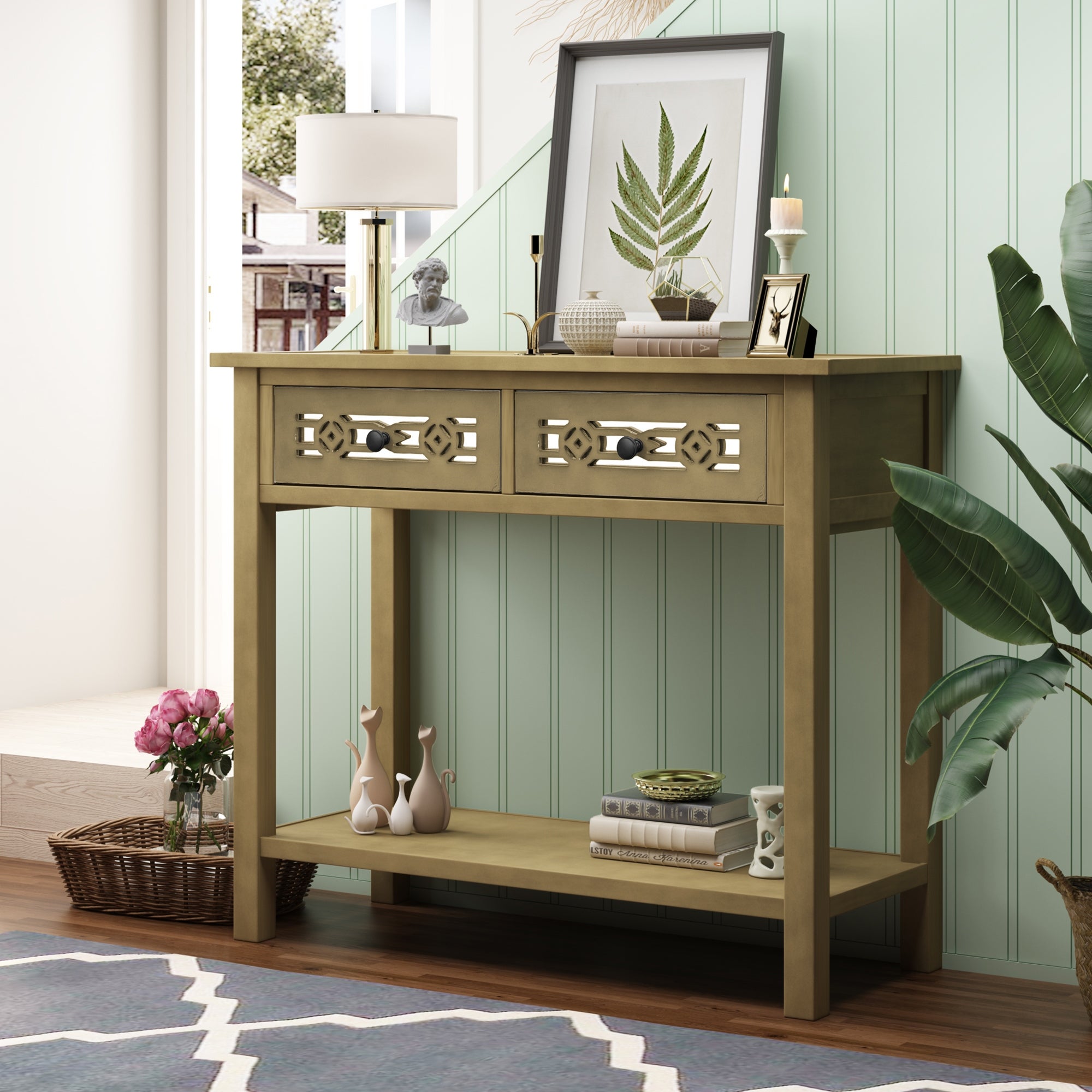 Classic Console Table Side Table with 2 Drawers and Open Shelf， Solid Wood Entryway Table Sofa Table with Hollow-out Decoration