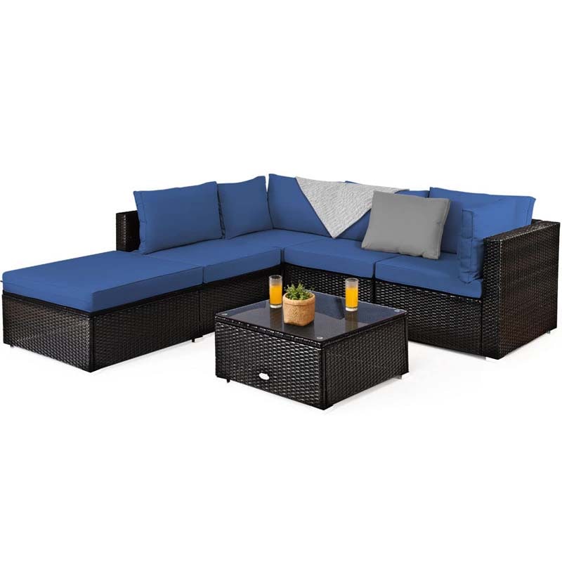 6 Pcs Outdoor Rattan Sectional Sofa Set with Coffee Table & Removable Seat & Back Cushions