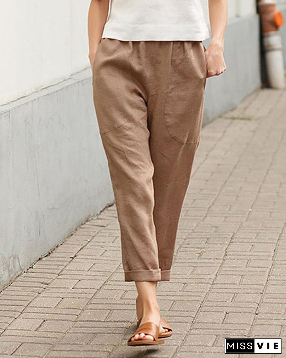 Casual Solid Pocket Elastic Waist Linen Pants