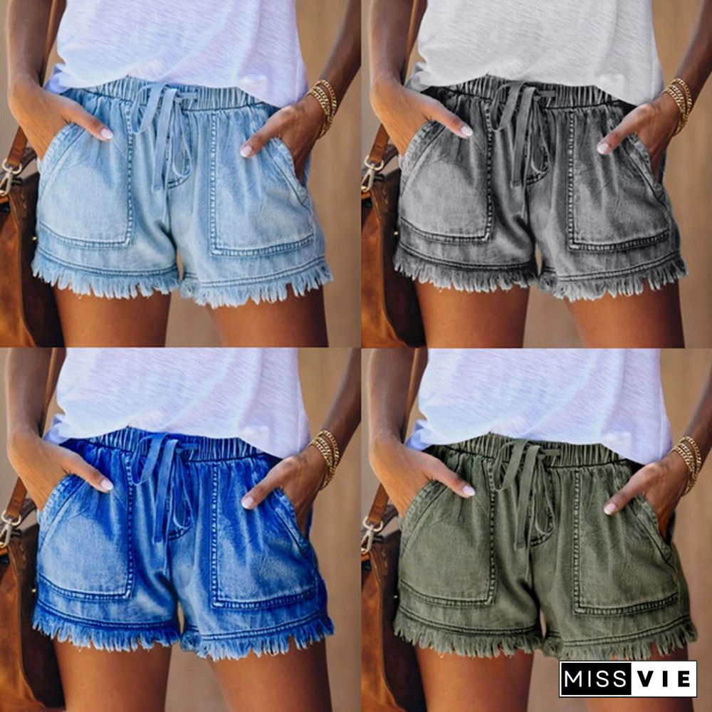 Women Summer Thin Denim Shorts Drawstring Waist Jeans Tassel Short Pants Ladies Beach Shorts