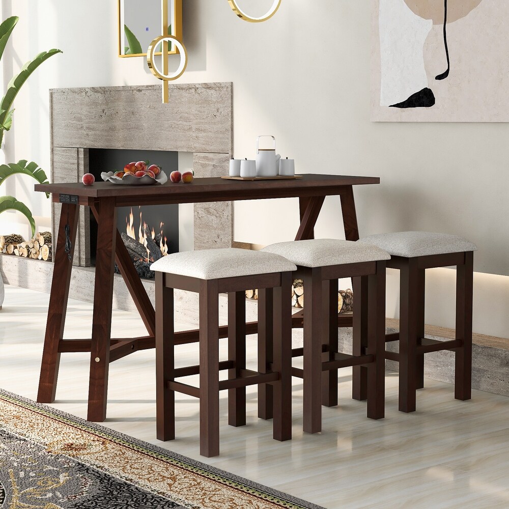 4 Piece Dining Table Set w/USB Ports   3 Upholstered Bar Stools Walnut