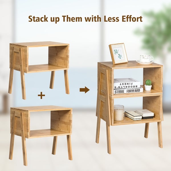 Nightstand Set of 2 Bamboo Stackable Bedside Table with Storage Shelf