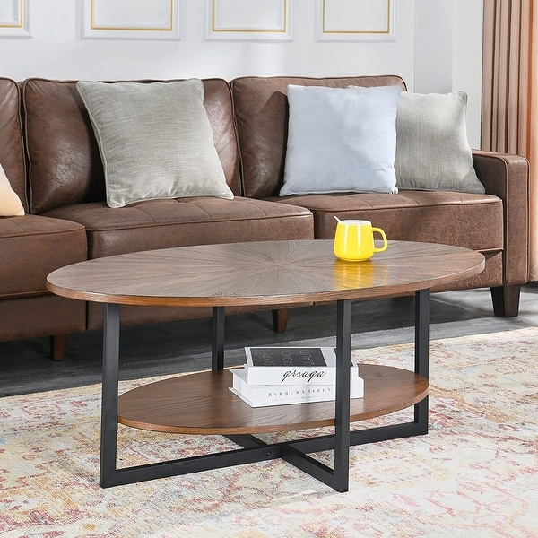 Solid Wood Oval Coffee Table with Cross Metal Legs