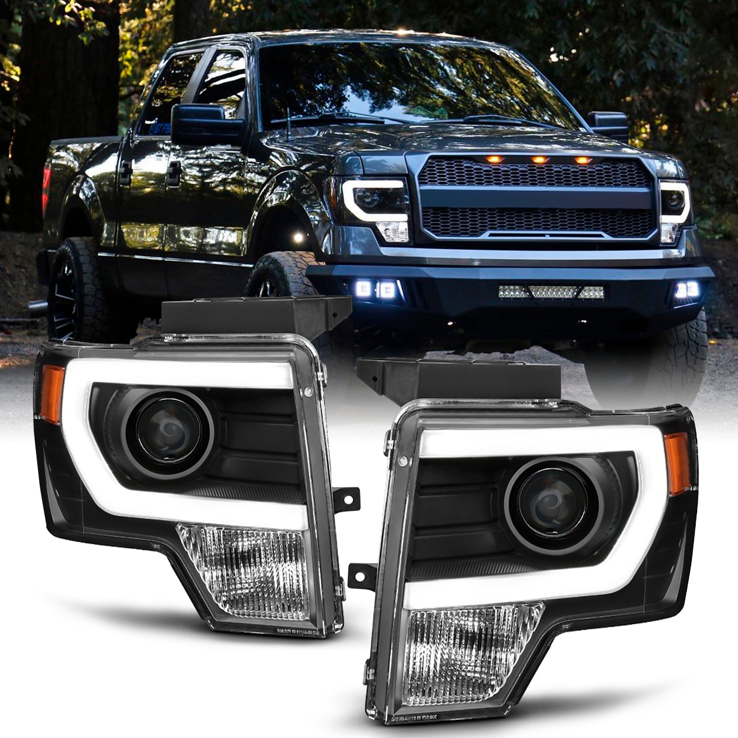 Fit [Halogen] 2009-2014 Ford F150 Black DRL LED Tube Projector Headlights