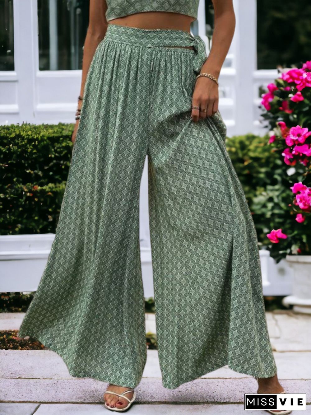 Printed High Waisted Wide Leg Breathable Loose Waist Wrap Pants