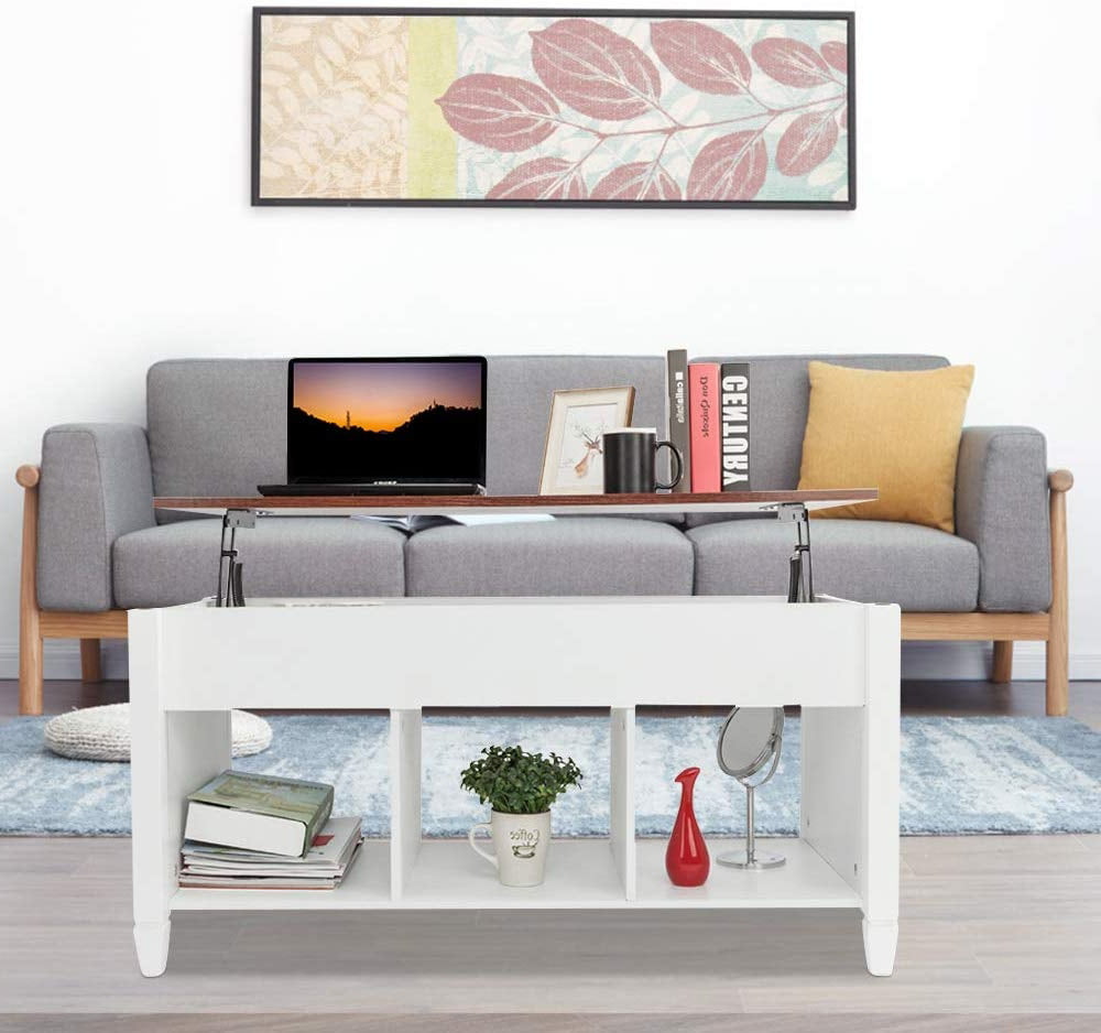 Ktaxon Lift Top Coffee Table w/ Hidden Compartment and Storage Shelves Furniture White and Light Brown