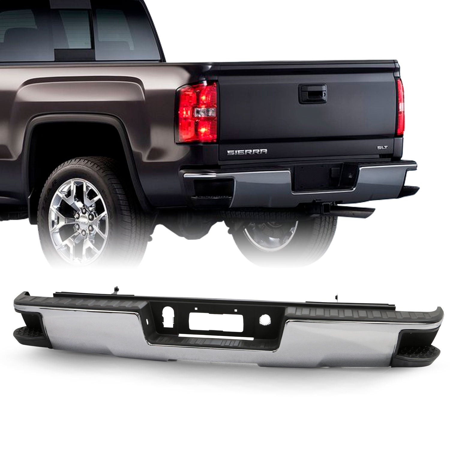 For 14-18 Silverado/Sierra 1500 Black Rear Step Bumper w/o Sensor Holes w/Conner