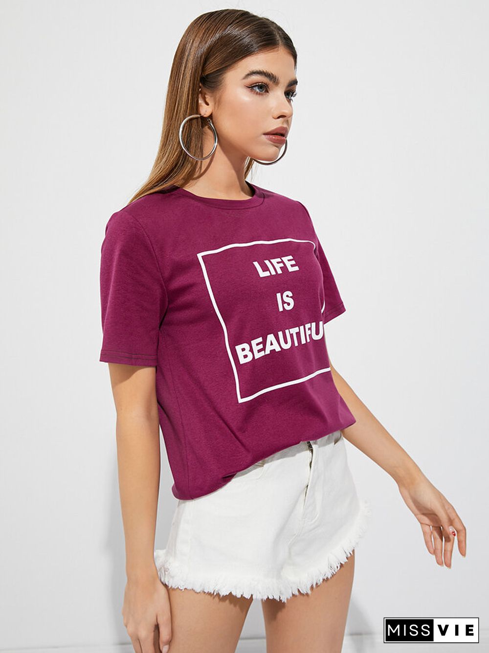 Slogan Print Short Sleeve Crew Neck Casual T-shirt