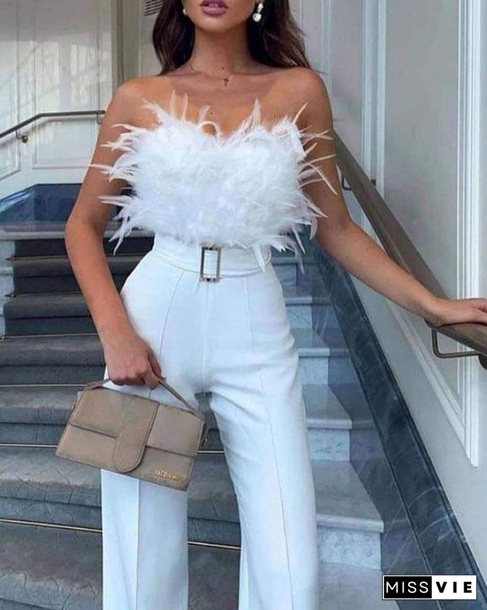 Women Formal Feather Decor Sleeveless Wide Leg Jumpsuit