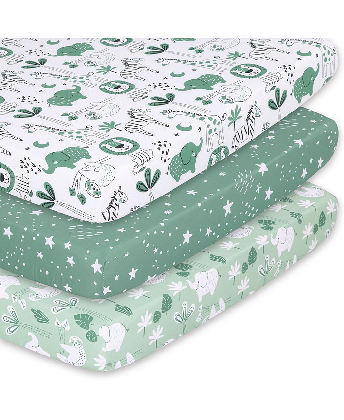 The Peanutshell Pack n Play， Mini Crib， Portable Crib or Fitted Playard Sheets for Baby Boy or Girl， 3 Pack Set， Green Safari