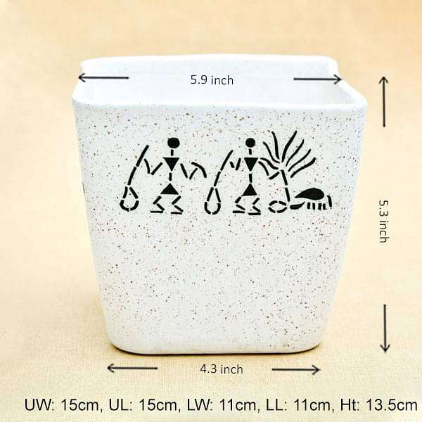 5.9 inch (15 cm) Warli Painting Marble Finish Square Cone Ceramic Pot With Rounded Edges (White) (set of 2)