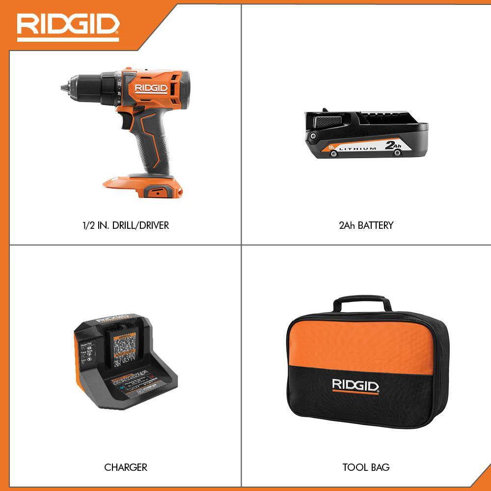 RIDGID 18V Cordless 12 in. DrillDriver Kit with (1) 2.0 Ah Battery and Charger R86001K