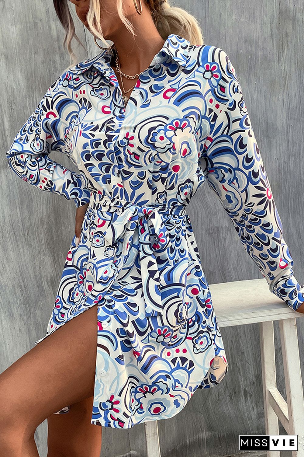 Blue Printed Front Open Button Waist Tie Long Sleeves Dress