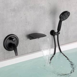 FLG Single-Handle Wall Mount Roman Tub Faucet with Hand Shower Brass Waterfall Tub Filler in Matte Black SS-0145-MB