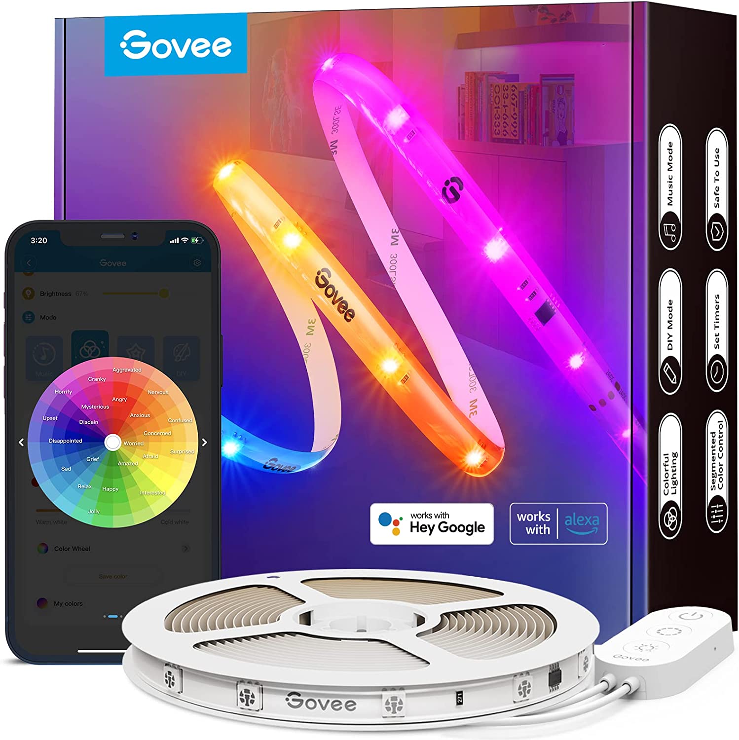 Govee RGBIC LED Strip Lights， 32.8ft WiFi LED Lights Work with Alexa and Google Assistant， Smart LED Strips App Control， DIY， Music Sync， Color Changing LED Lights for Bedroom， TV， Indoor， Christmas