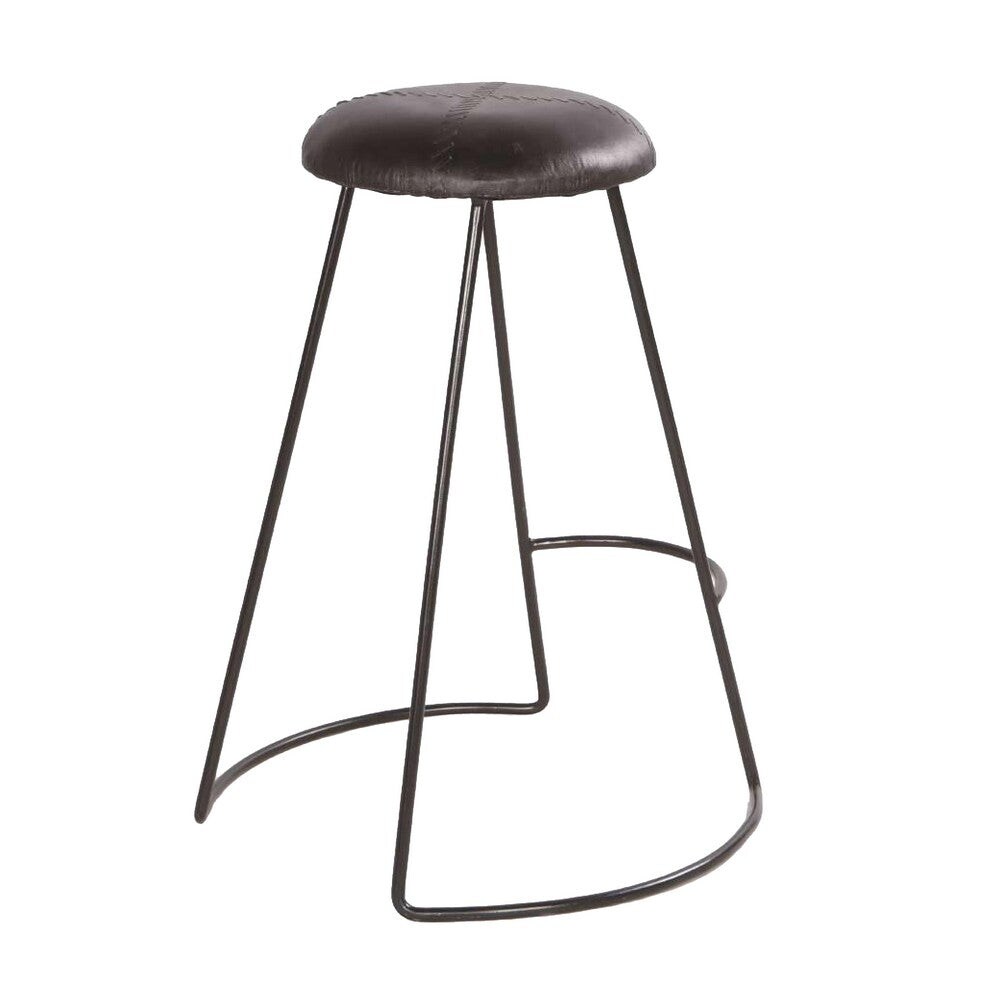 26 Inch Modern Counter Height Stool， Genuine Leather Upholstery， Metal Frame， Baseball Stitching， Black