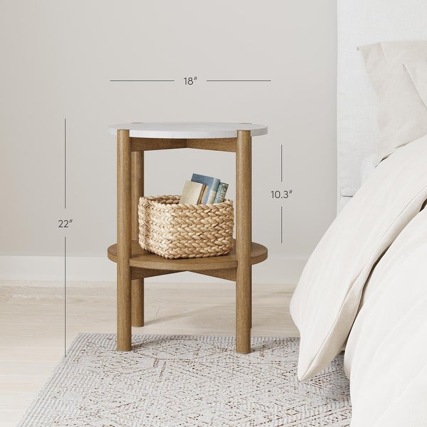 Nathan James Tucker Round Accent Small Side Table， Wood Sofa End Table with Marble Top for Living Room or Bedroom